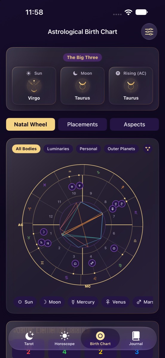 Hekate natal wheel showing houses, planetary glyphs and aspect lines