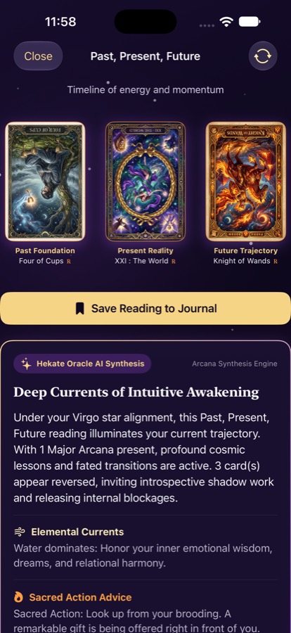A three card Past, Present, Future spread with the on-device synthesis written underneath